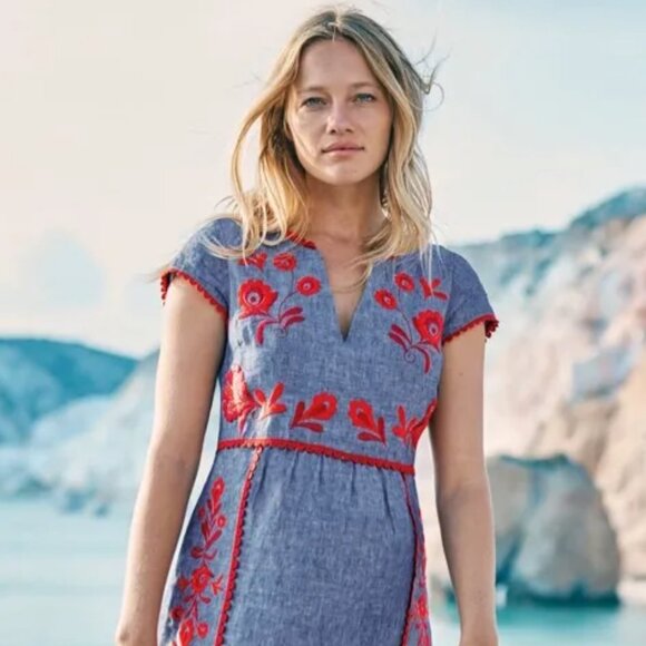 Boden Dresses & Skirts - BODEN Size 6 Bea blue linen embroidered dress EUC Boho Summer Vacation Beach